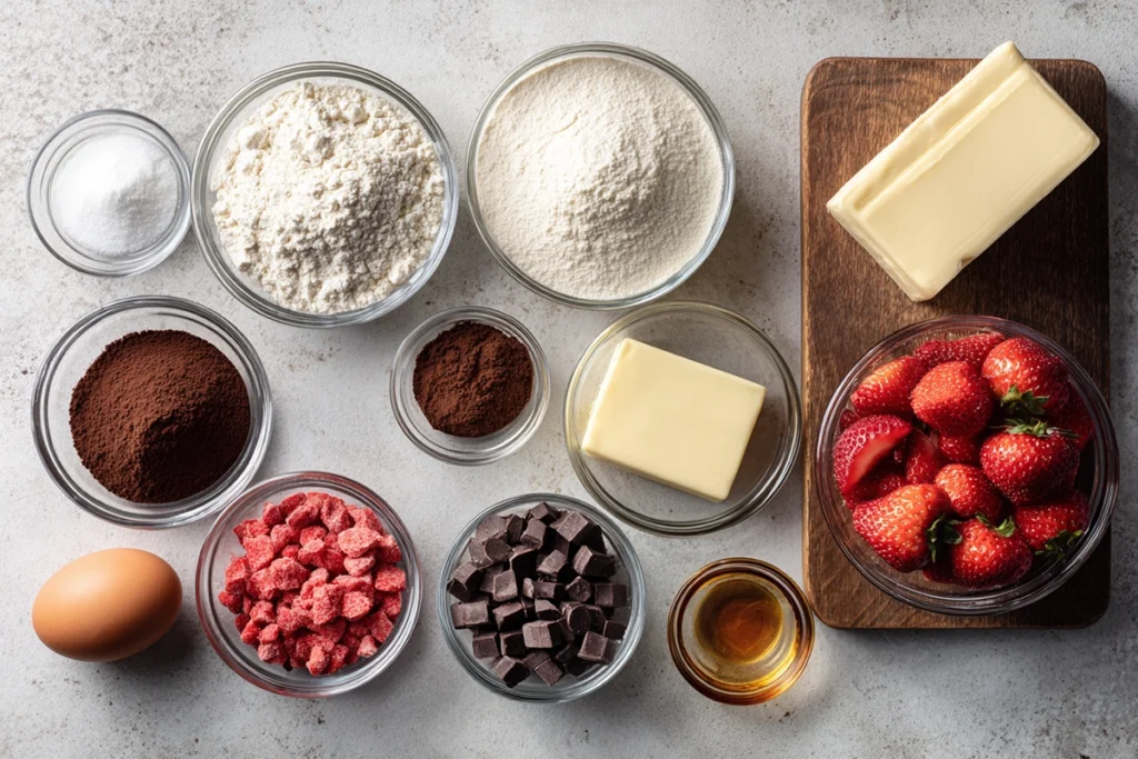 Ingredients for Chocolate Covered Strawberry Cookies arranged overhead