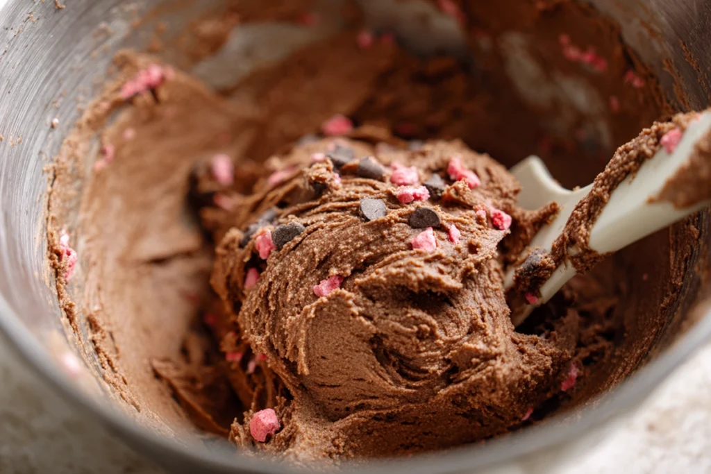 Mixing chocolate dough for Chocolate Covered Strawberry Cookies