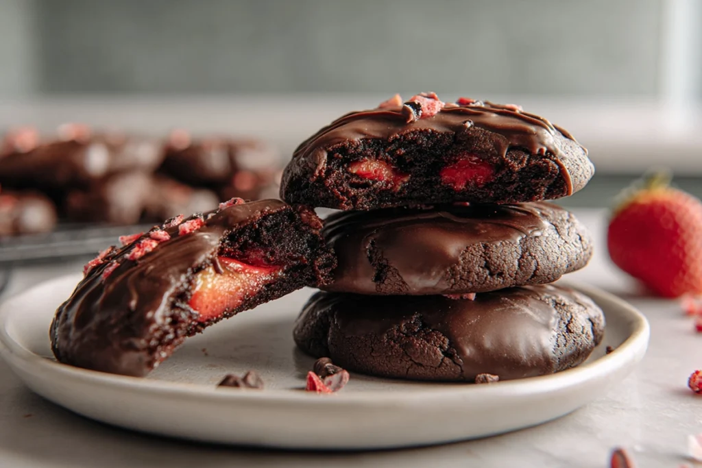Chocolate Covered Strawberry Cookies broken open showing fudgy center