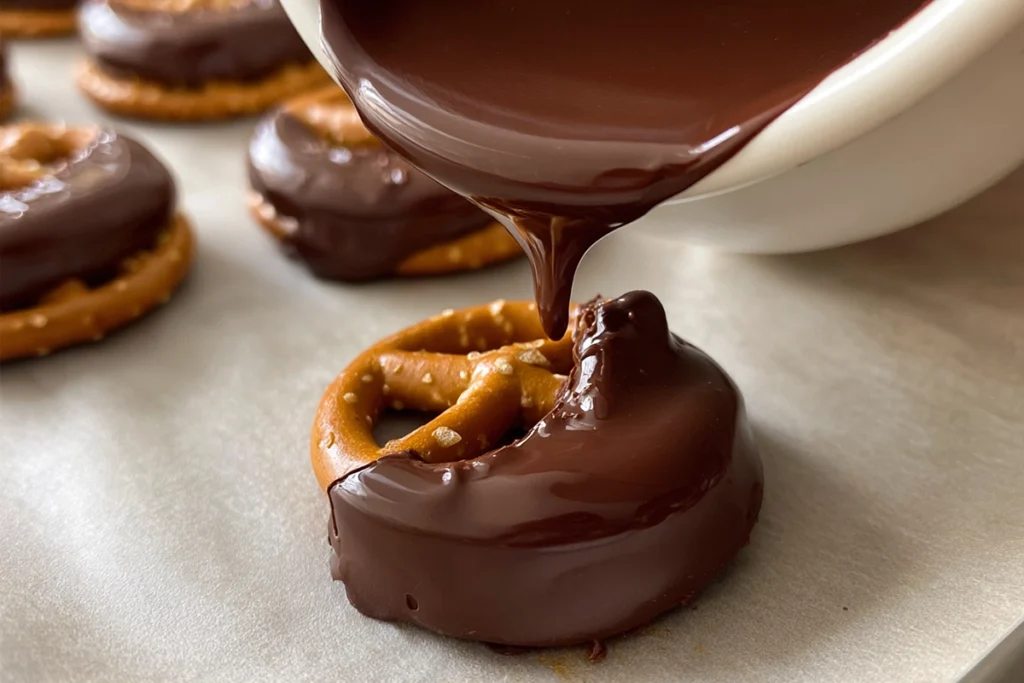 Cookie Dough Pretzel Bites being dipped into melted chocolate