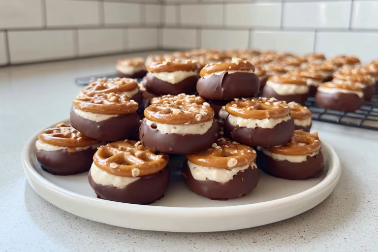 Cookie Dough Pretzel Bites plated with chocolate coating in a bright home kitchen