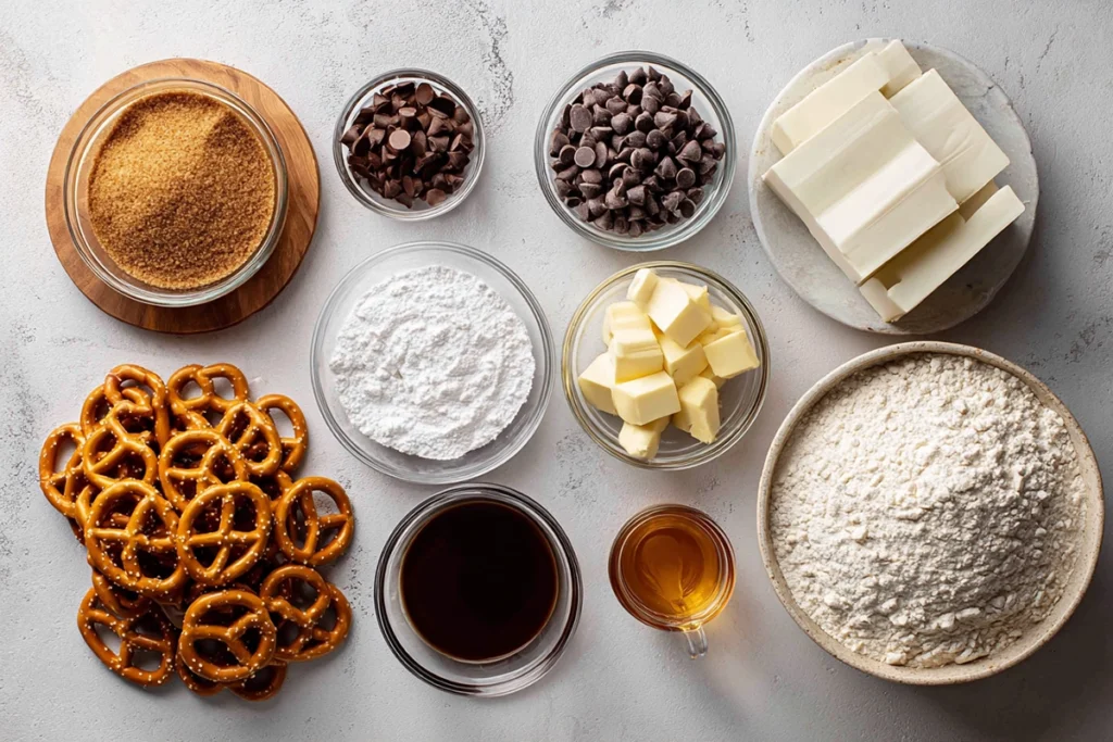 Ingredients for Cookie Dough Pretzel Bites arranged overhead on a kitchen counter