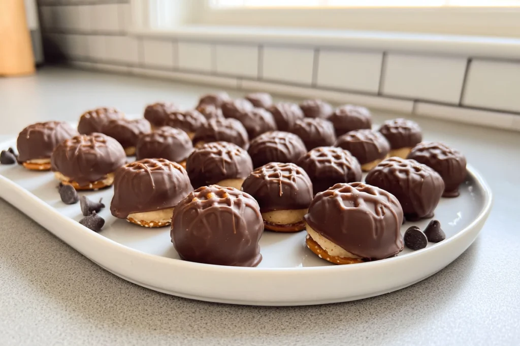 Cookie Dough Pretzel Bites broken open to show creamy cookie dough center