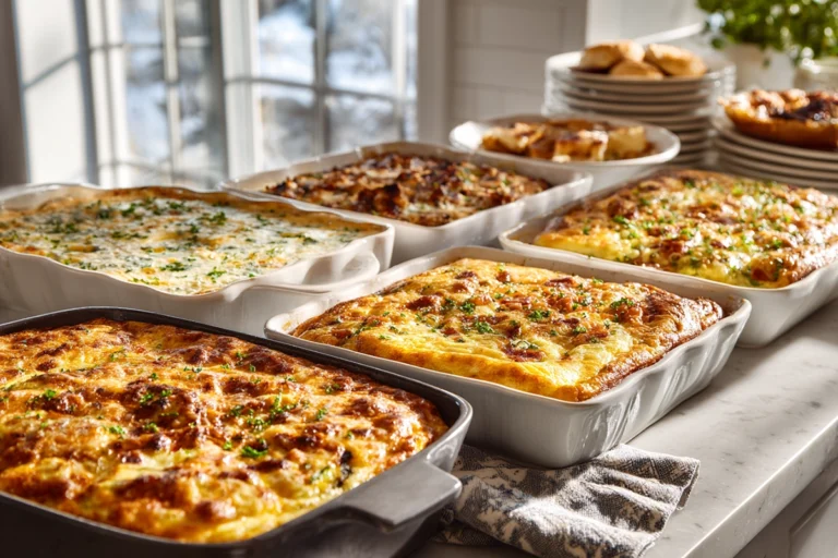 A cozy kitchen scene showing multiple cozy breakfast bake recipes arranged together on a home counter