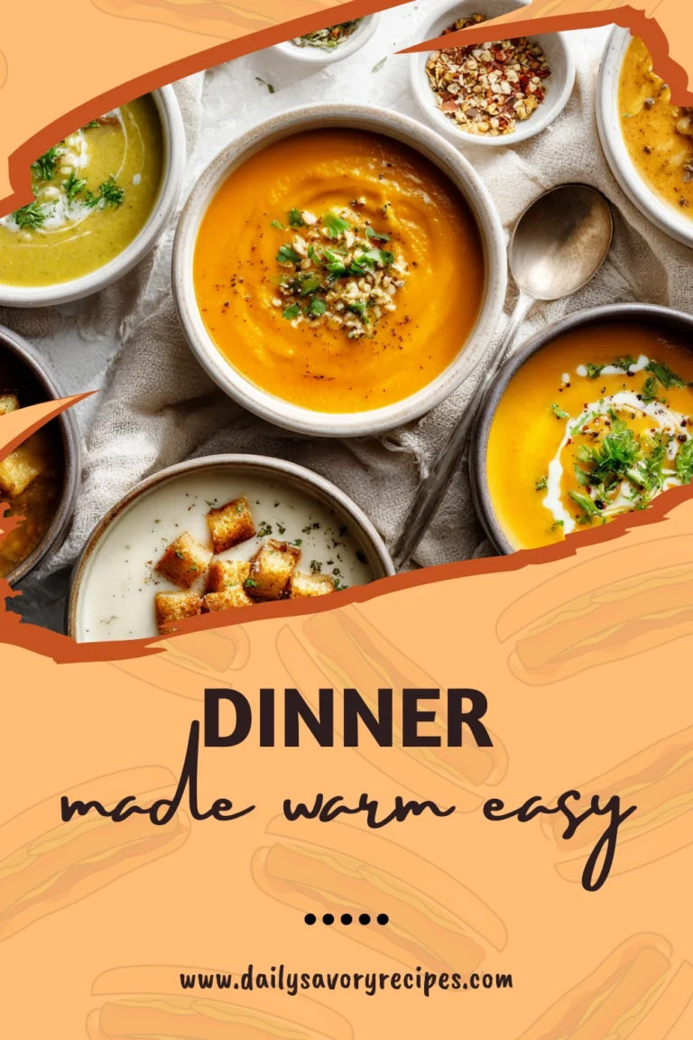 A collection of cozy soup recipes shown together on a kitchen counter for everyday meals.