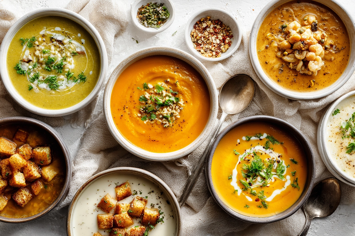 A realistic kitchen scene featuring multiple cozy soup recipes arranged together for an easy dinner idea.