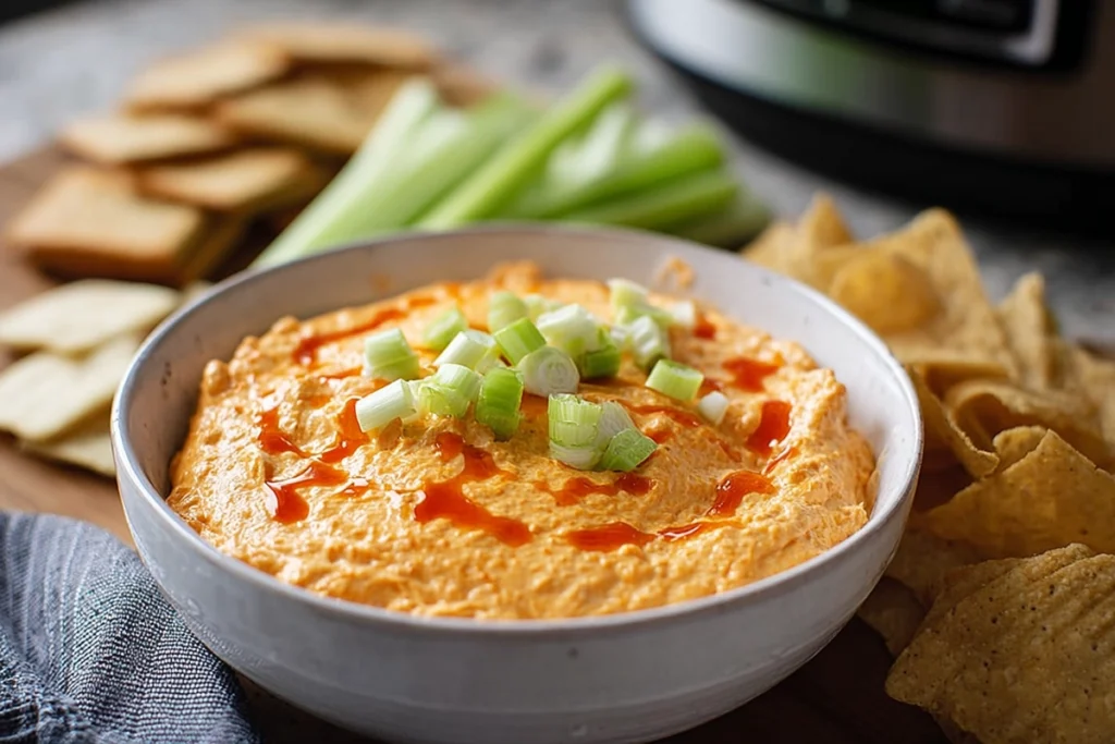 Crockpot Buffalo Chicken Dip That Stays Creamy 10 serving bowl of crockpot buffalo chicken dip with garnish in modern kitchen