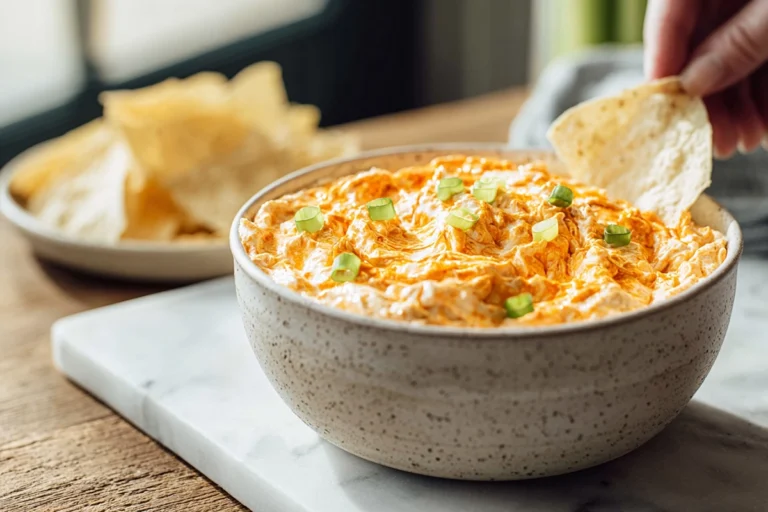 creamy crockpot buffalo chicken dip served in modern kitchen hero image