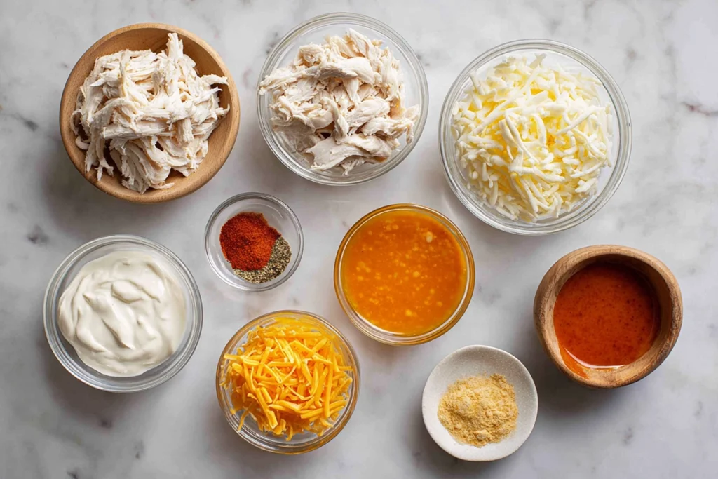 Crockpot Buffalo Chicken Dip That Stays Creamy 7 overhead ingredients layout for crockpot buffalo chicken dip recipe
