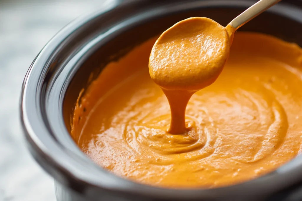 Crockpot Buffalo Chicken Dip That Stays Creamy 8 Crockpot Buffalo Chicken Dip fully melted and smooth in slow cooker