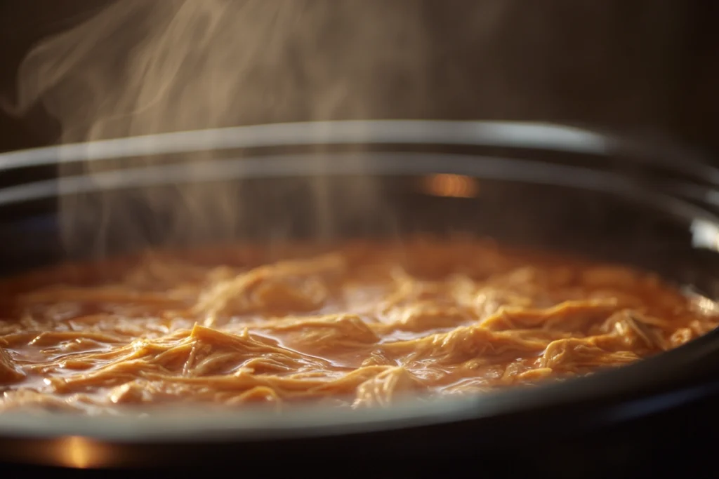 Crockpot Buffalo Chicken Dip That Stays Creamy 9 melting cheese and buffalo sauce in crockpot buffalo chicken dip close-up