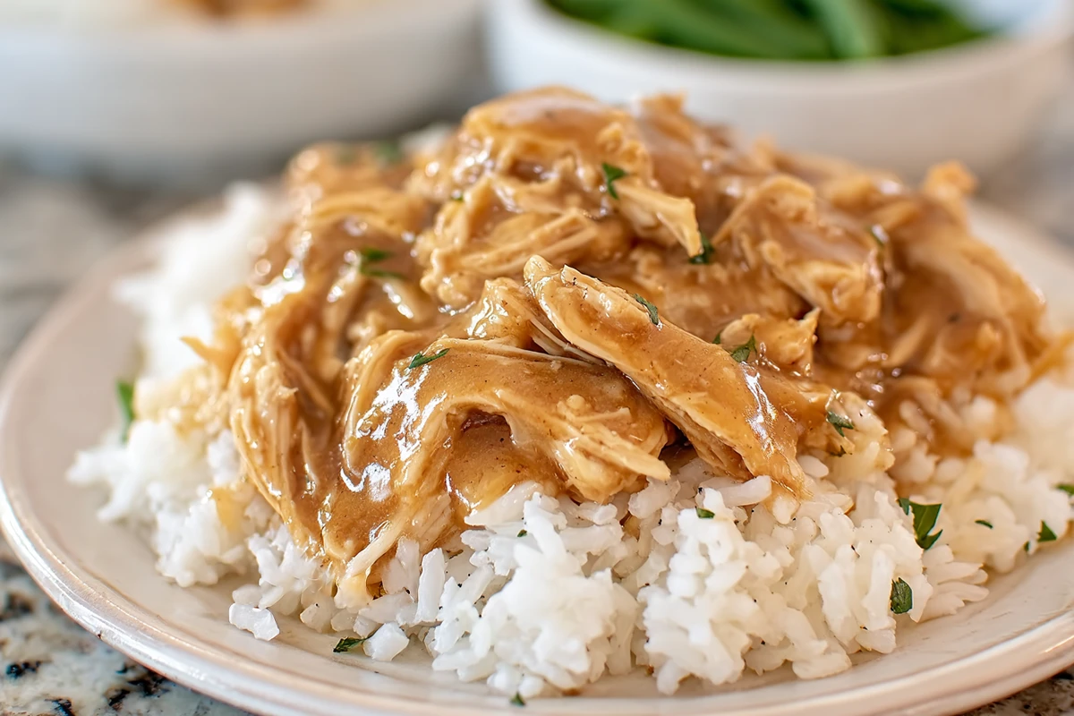 Crockpot Chicken and Gravy served over rice with thick savory gravy