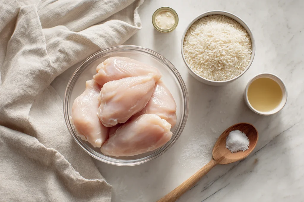 Ingredients for Crockpot Chicken and Gravy laid out on kitchen counter