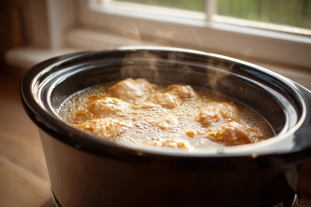 Crockpot Chicken and Gravy cooking slowly with gentle bubbling gravy