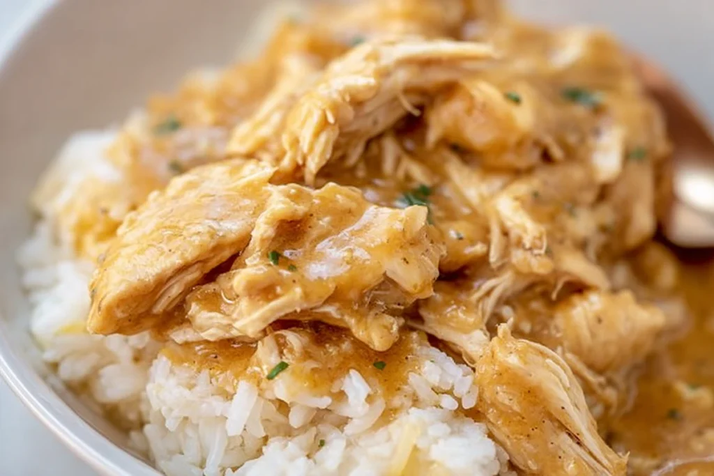 Inside texture of Crockpot Chicken and Gravy showing tender shredded chicken