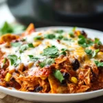 Crockpot Chicken Enchilada Casserole served cheesy and hot on a plate