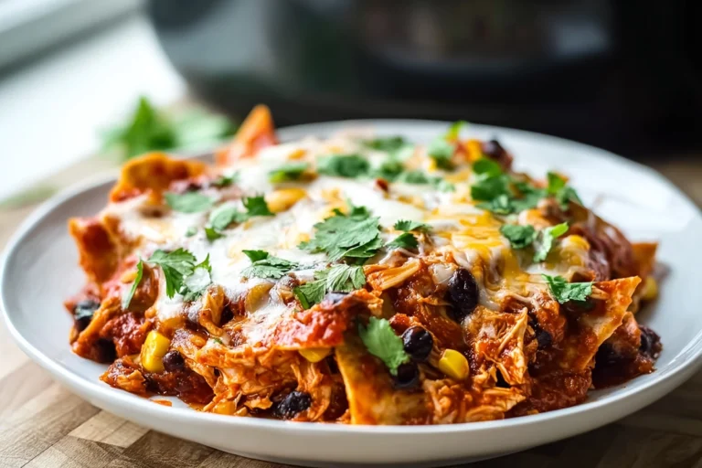 Crockpot Chicken Enchilada Casserole served cheesy and hot on a plate