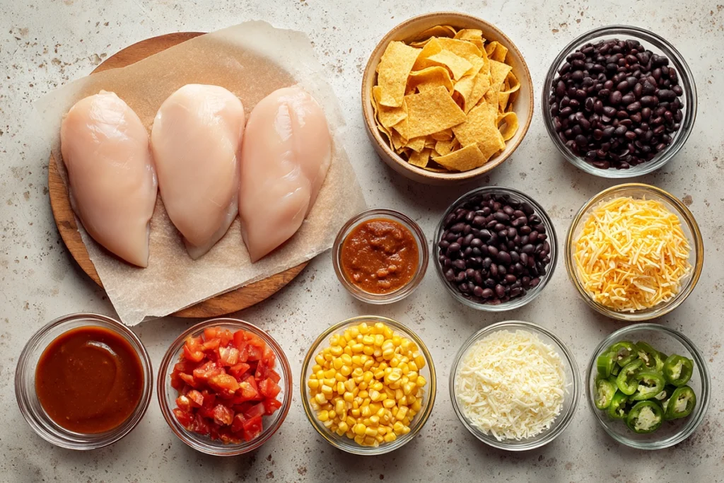 Ingredients laid out for Crockpot Chicken Enchilada Casserole in a home kitchen