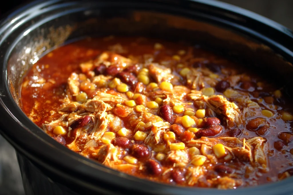 Melted cheese finishing Crockpot Chicken Enchilada Casserole in slow cooker