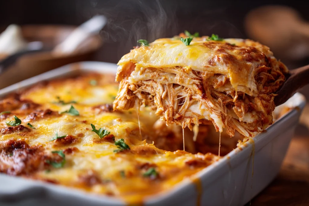 Serving a hot scoop of Crockpot Chicken Enchilada Casserole