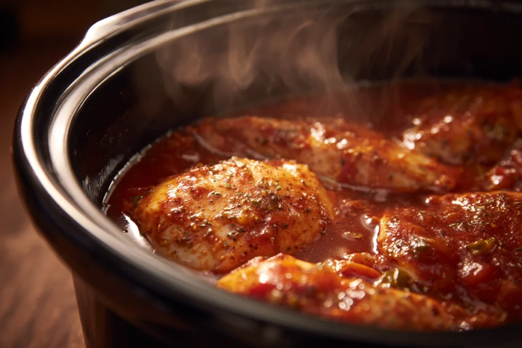 Chicken cooking in enchilada sauce for Crockpot Chicken Enchilada Casserole