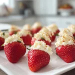 Deviled strawberries with creamy cheesecake filling on a plate