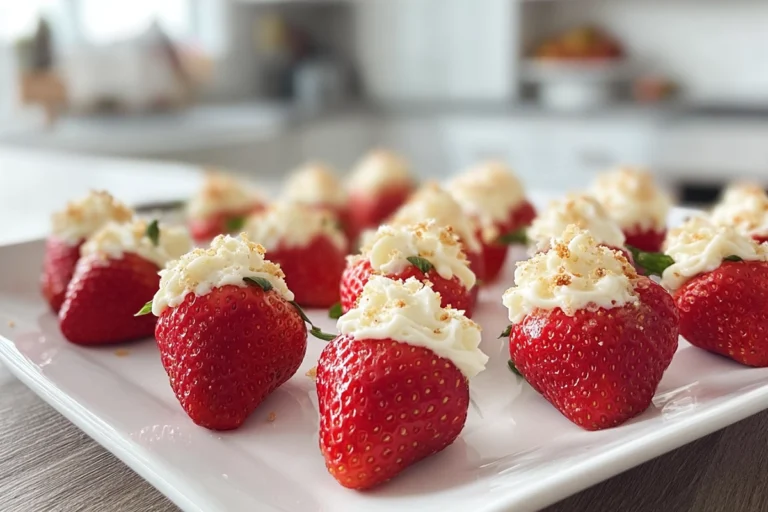 Deviled strawberries with creamy cheesecake filling on a plate