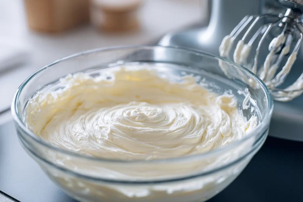 Cream cheese filling being mixed for deviled strawberries