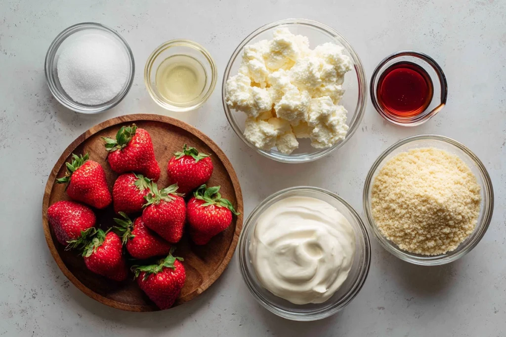 Ingredients for deviled strawberries laid out on a kitchen counter