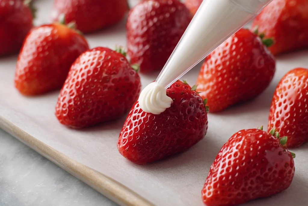 Piping cheesecake filling into deviled strawberries