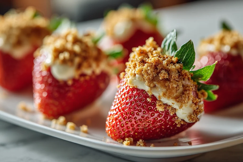 Deviled strawberries ready to serve on a platter