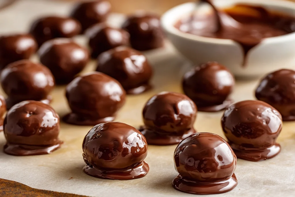 No-Bake Oreo Balls being coated in melted chocolate