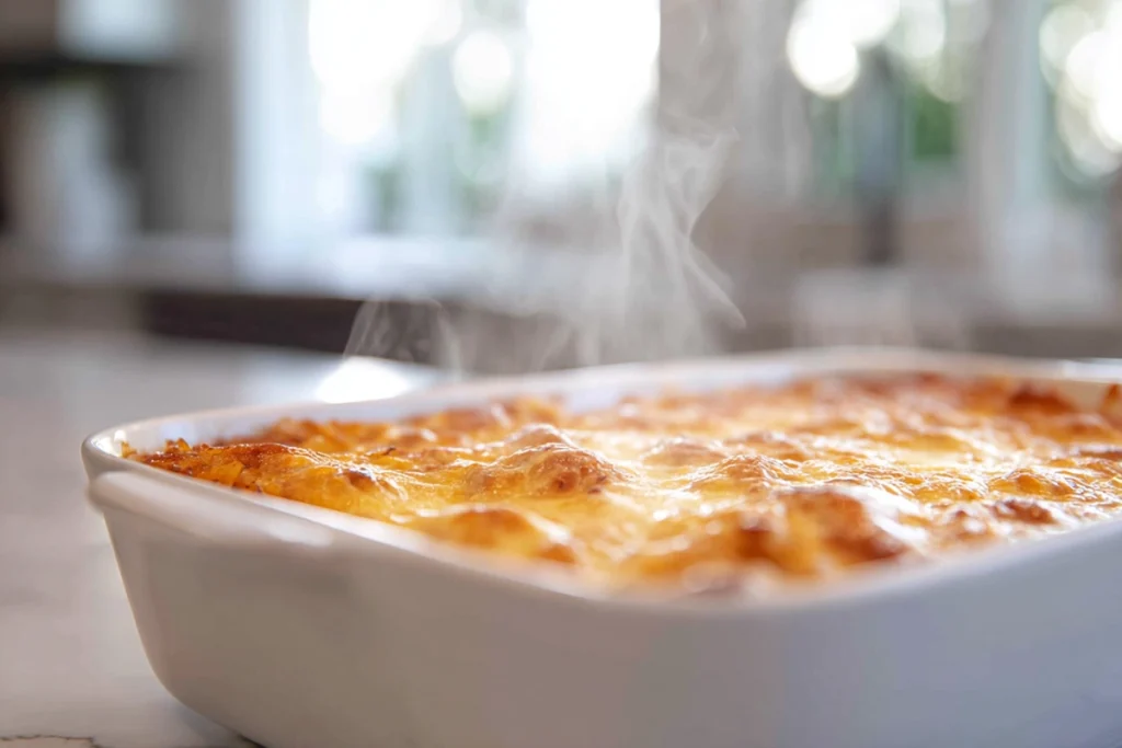 freshly baked easy chicken burrito casserole with melted cheese