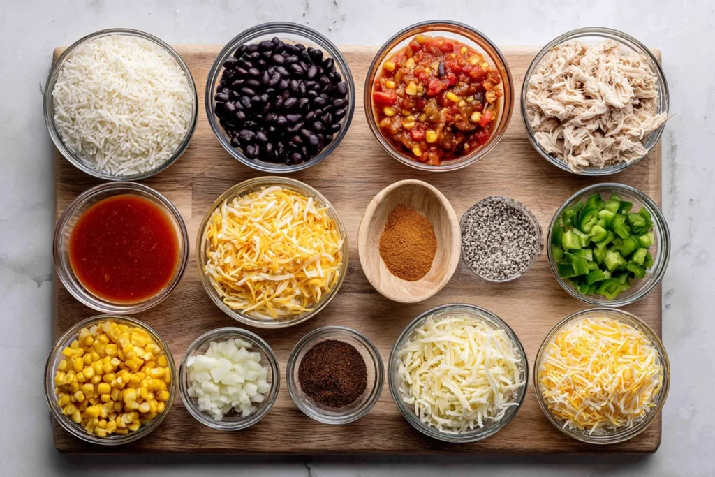 ingredients for easy chicken burrito casserole arranged in bowls on modern countertop