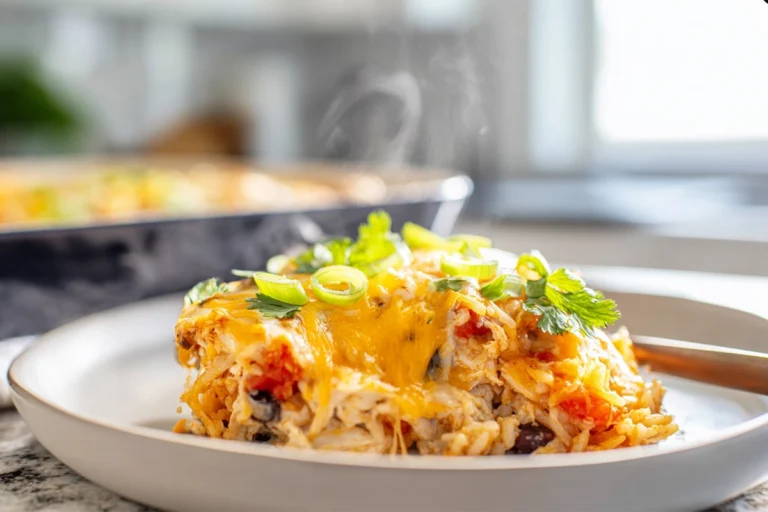 plated easy chicken burrito casserole on countertop in modern kitchen