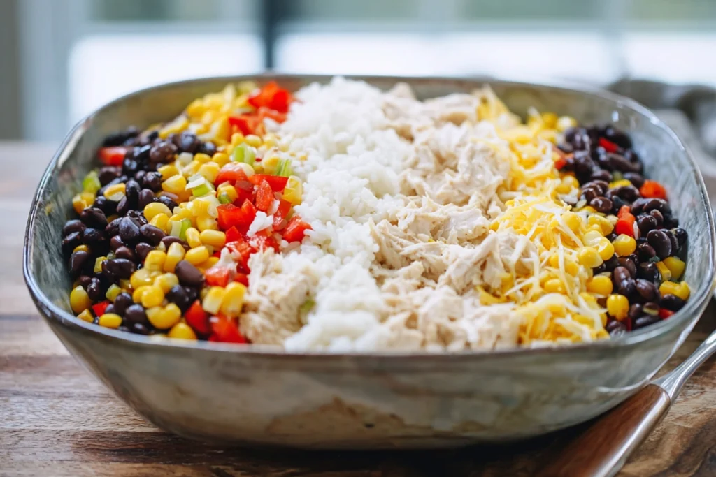 mixing filling ingredients for easy chicken burrito casserole in modern kitchen