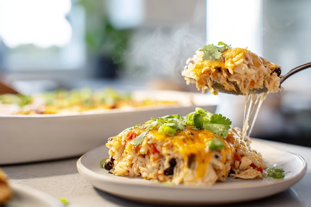 serving easy chicken burrito casserole with layered filling and garnish