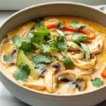 finished bowl of Easy Thai Chicken Soup with fresh cilantro garnish