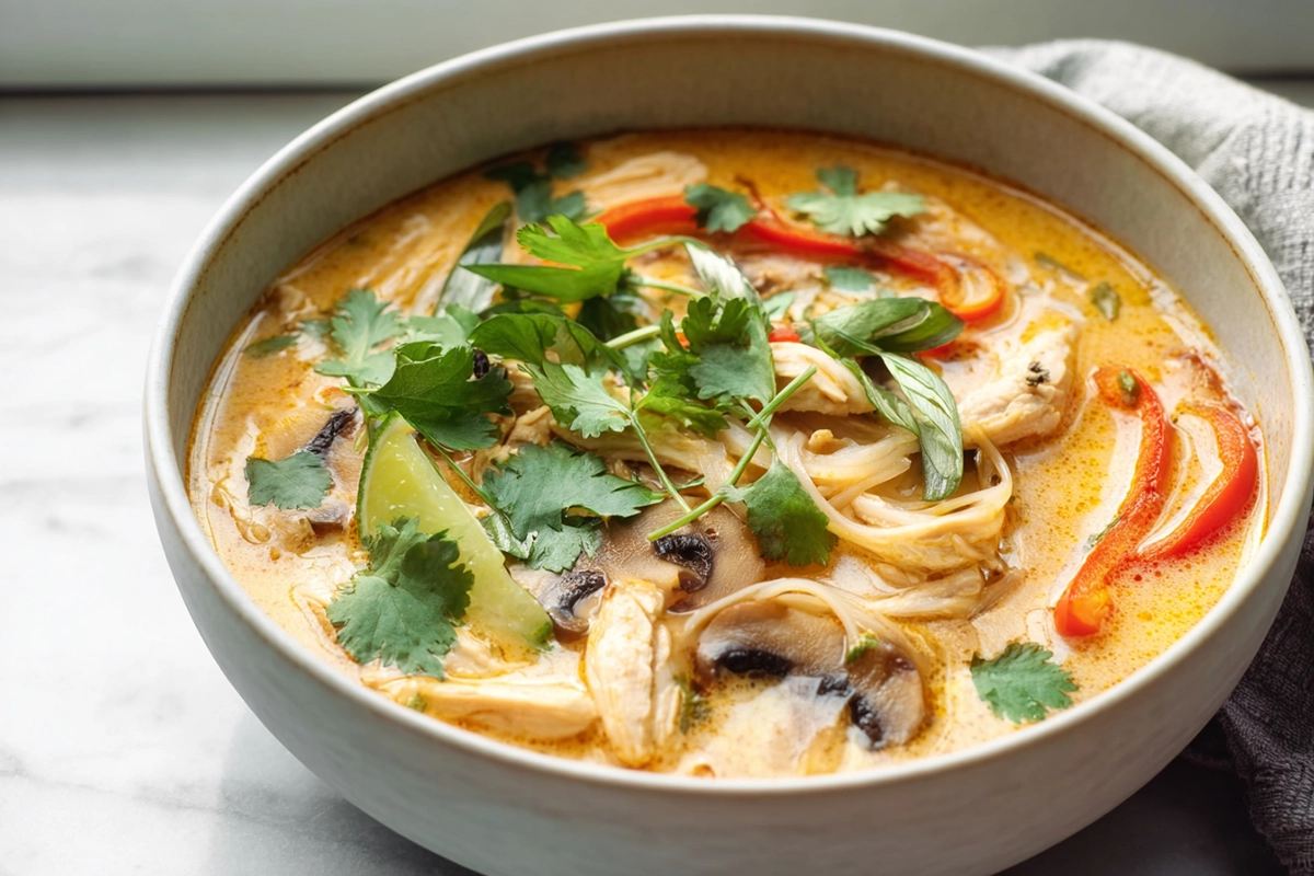finished bowl of Easy Thai Chicken Soup with fresh cilantro garnish