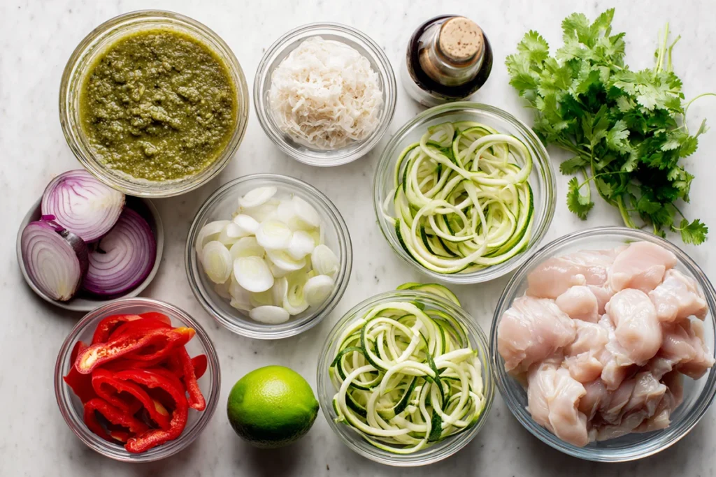 Ingredients for Easy Thai Chicken Soup including coconut milk, chicken, curry paste, zucchini noodles