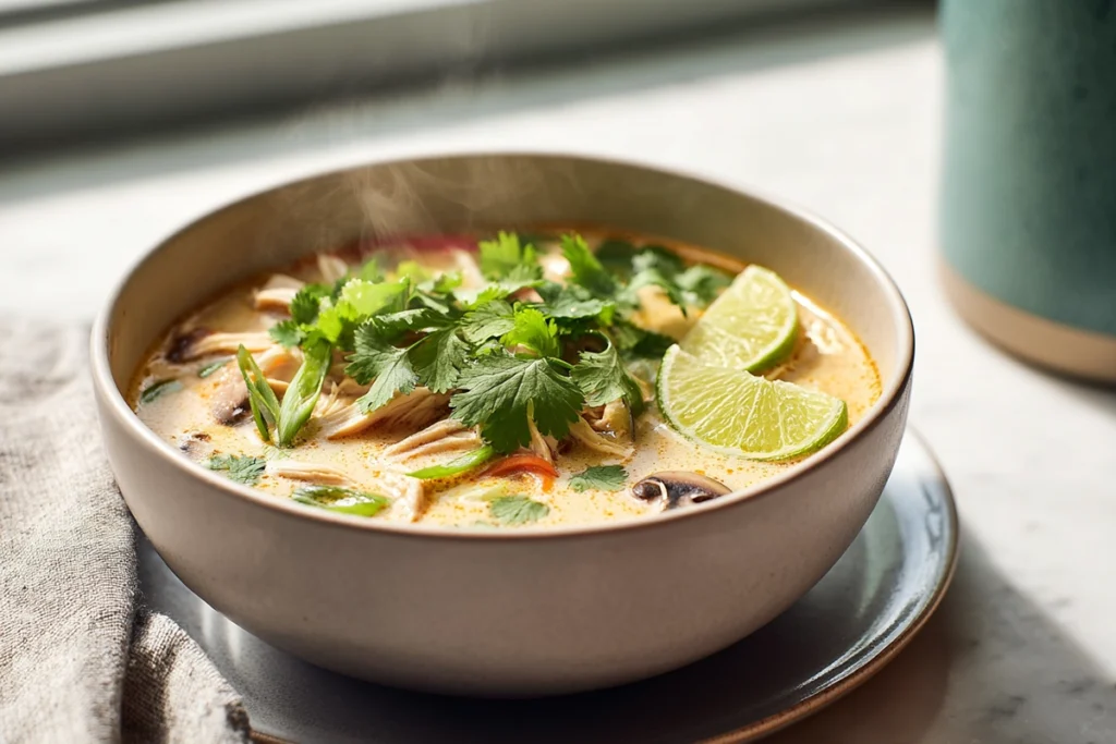 serving bowl of Easy Thai Chicken Soup with cilantro and lime garnish