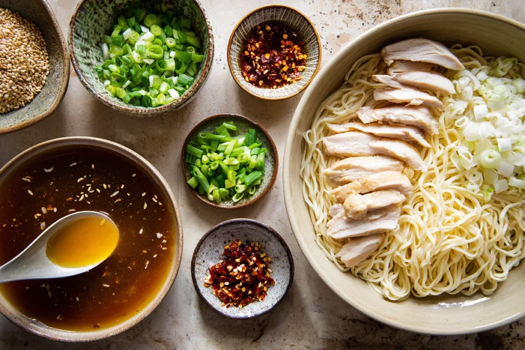 Overhead view of assembling fiery chicken ramen with noodles, sliced chicken, and broth in a modern kitchen.
