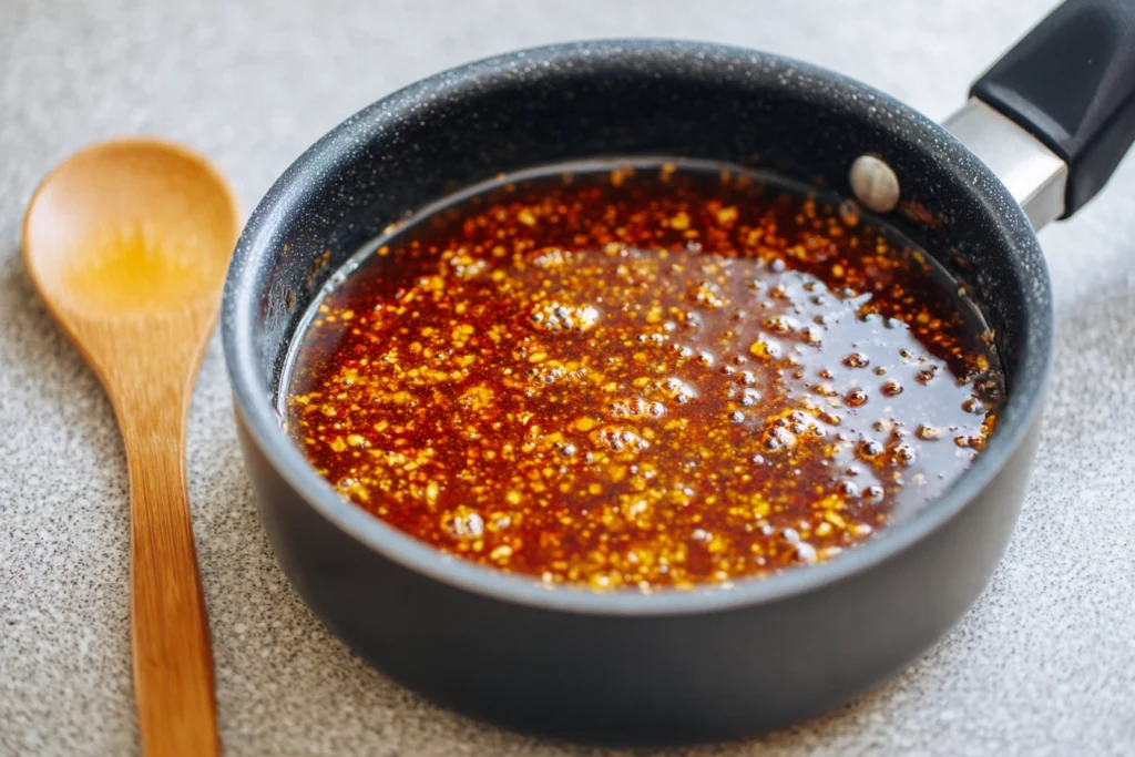 Simmering spicy sauce for fiery chicken ramen in a saucepan on a modern kitchen counter.