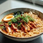 Steaming bowl of fiery chicken ramen in a modern kitchen with chili oil, chicken slices, and fresh green onion garnish.