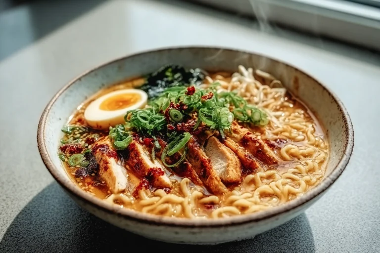 Steaming bowl of fiery chicken ramen in a modern kitchen with chili oil, chicken slices, and fresh green onion garnish.