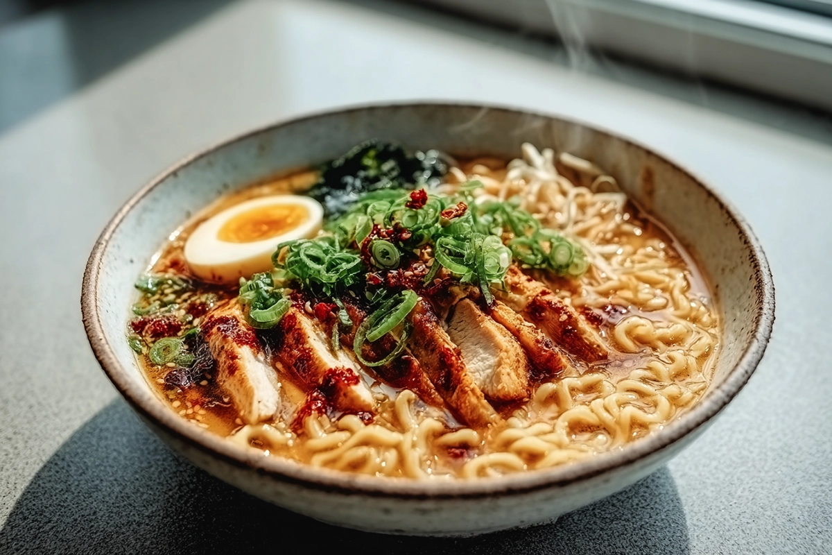 Steaming bowl of fiery chicken ramen in a modern kitchen with chili oil, chicken slices, and fresh green onion garnish.