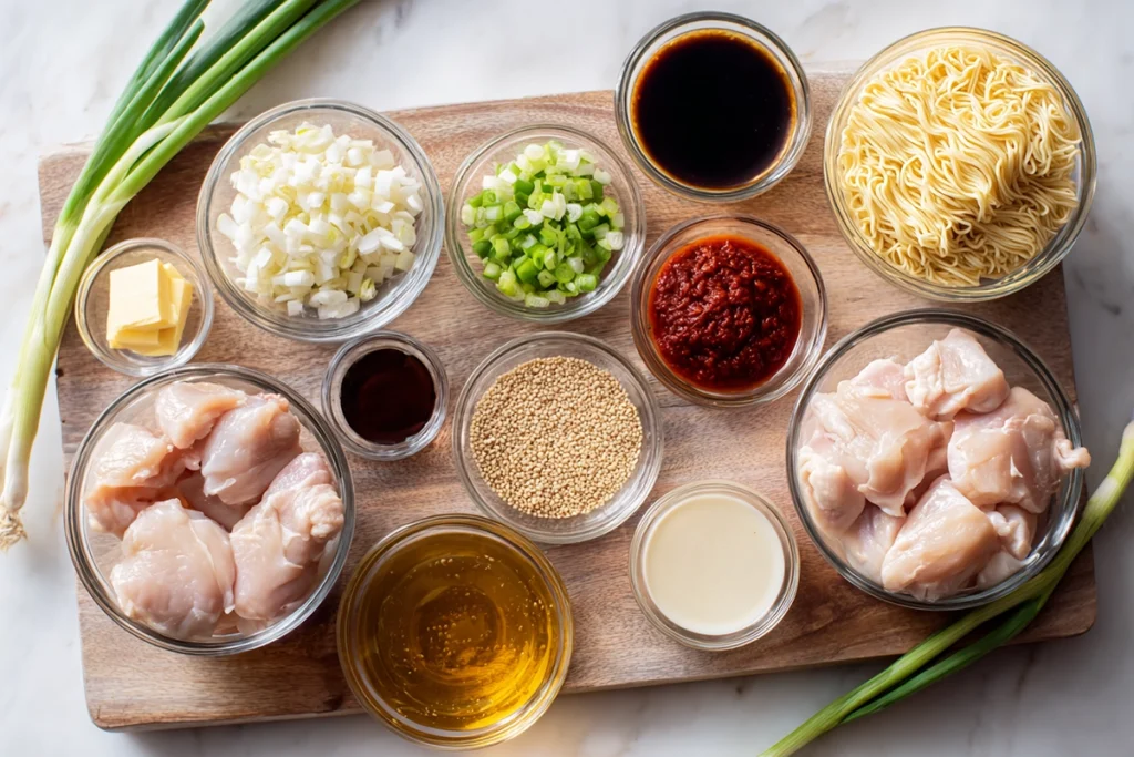 Overhead flat lay of fiery chicken ramen ingredients arranged in glass bowls on a clean kitchen counter.