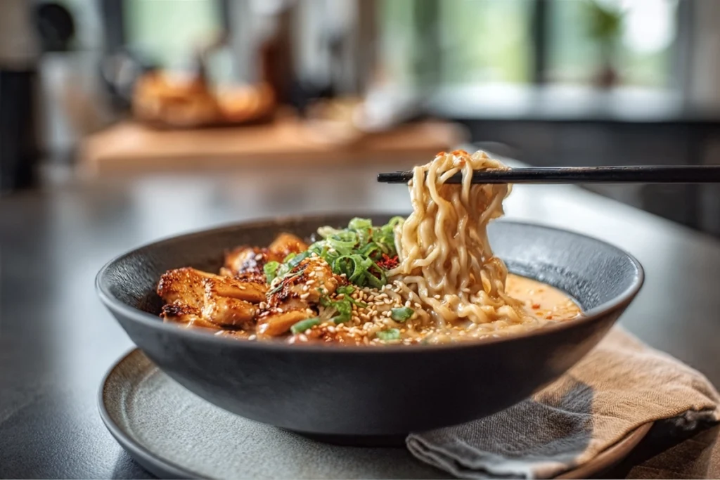 Served bowl of fiery chicken ramen with garnishes on a modern dining table with natural daylight.