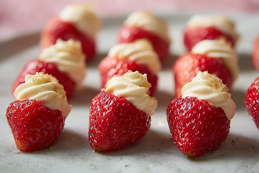 close-up view of cheesecake filling inside strawberries with piped swirls