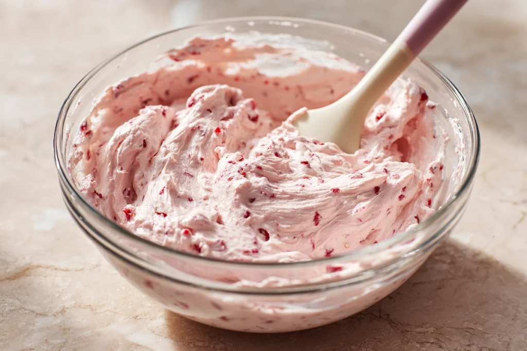 strawberry cheesecake cookie dough with fresh strawberries mixed in